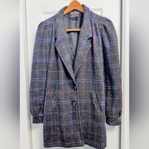 Vintage Karizma Black Red Purple Sz 12 Women's Plaid Wool Blend Coat